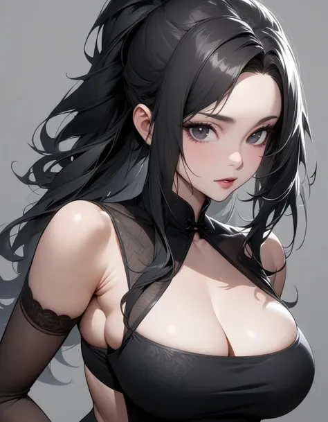 Mature big sister，Black long hair，Black tube top，Chinese style，Beautiful black eyes，Extremely detailed，high resolution，Simple background