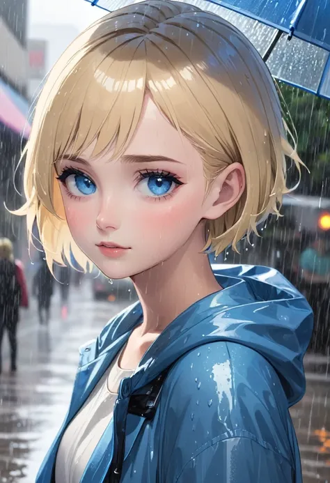 Girl, very short blonde hair, blue eyes, wearing a simple , in the rain.