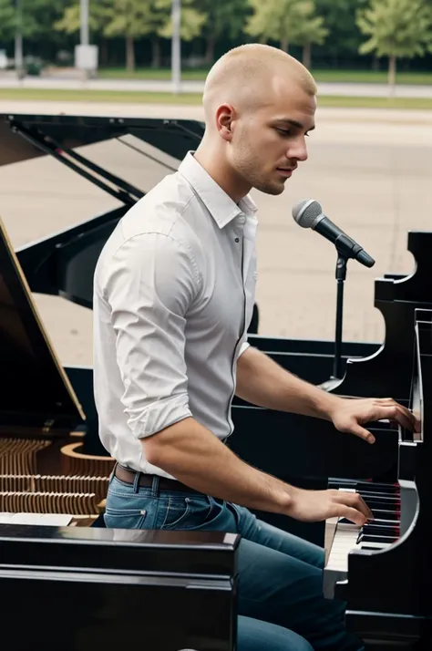 Man with blond buzz cut hair playing grand piano in empty parking lot
