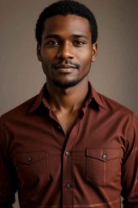 Brown-skinned gaucho man with a red plaid shirt and brown hair, his face in close-up for passport photo
