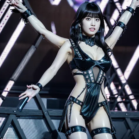 Highest quality，masterpiece，Very detailed, 8K，Beautiful 27 year old Japanese woman:1.5, Small face, blunt bangs, Crucifixion, (Detailed black K-pop idol outfit:1.5),　Breast Augmentation Surgery, Very detailedな臭い脇の下、　Live Stage、　height:164cm