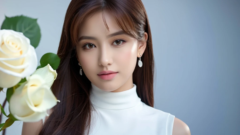 a white rose and female,(detailed face),VIVID,pretty,sleeveless and turtle neck white silky clothes,4k ,super high resolution ,(photo-realistic: 1.7), white background,long hair,