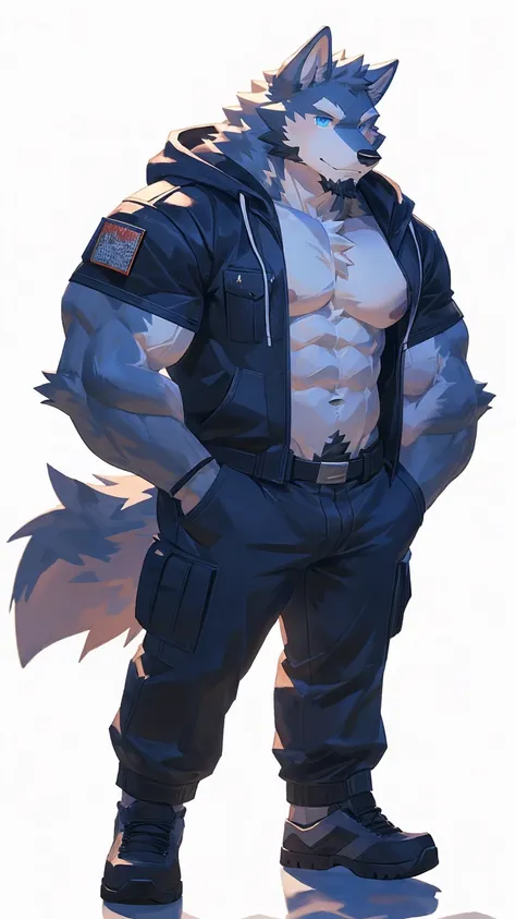 (masterpiece:1.2), best quality,pixiv,official art,perfect anatomy, (Ray tracing, light),solo, (1_male:1.3) , (muscle), (grey fur:1.4), (muscle wolf), (beard:1.2), (gleaming blue eyes), wolf tail, full body, Thick black eyebrows,(open hoodie), (naked insid...