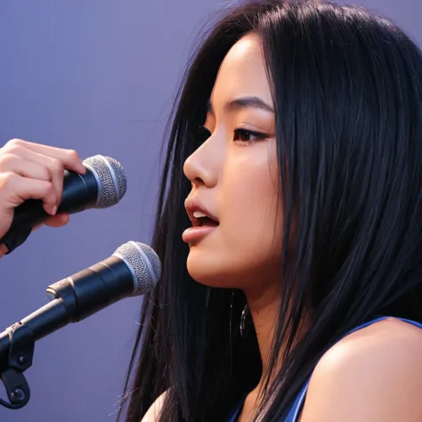 Beautiful asian woman with long black hair and a small face, practicing for her vocal performance at a hip hop concert