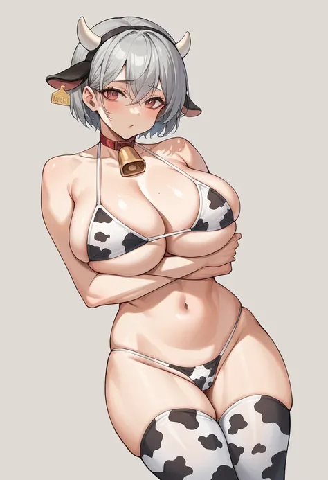 a beauty anime girl, with a voluptuous 19-year-old body, with short neck-length gray hair and eyes. a curvaceous figure with large breasts, wide hips, and a plump rear. wears a skimpy cow print lingerie outfit consisting of a thin bra barely containing her...