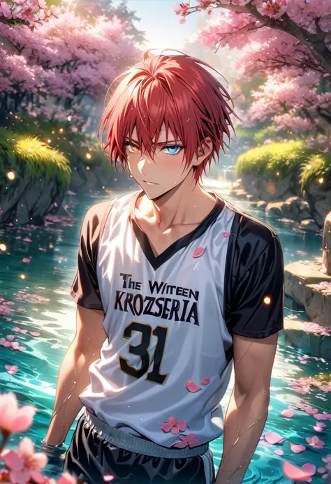 Ultra detailed, highres, absurdres, HDR, master piece, Akashi Seijuro, red hair, short bangs, short hair, Heterochromia, expressive right eye is red, left eye is orange, Kuroko No Basket, fantasy, pink petals, water, pink flowers, handsome, sexy man, solo,...