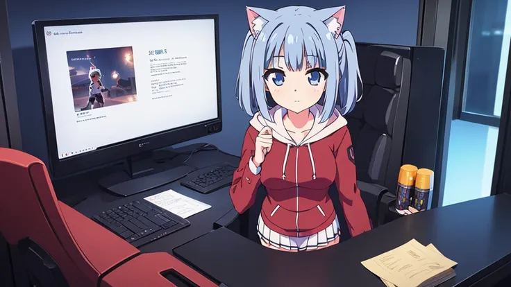 1 beautiful girl, great image quality ,nekomimi, with lots of detail, ray tracing, in a gaming,outfit hoodie, short pleated mini skirt, gamer, long stockings, blue eyes, blue hair long, , in a neon room, PC gaming, perfect anatomy, 