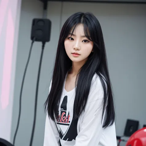 Beautiful korean woman with long black hair and a small face, practicing for her live kpop concert