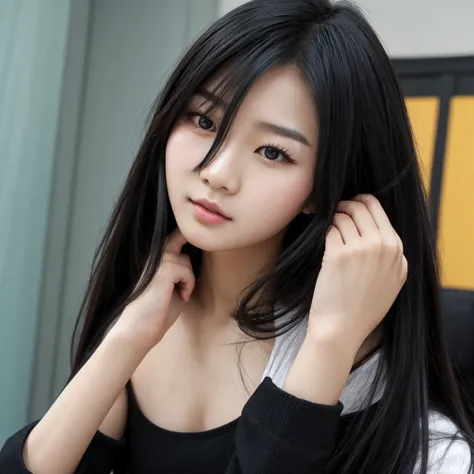 Beautiful korean woman with long black hair and a small face, practicing for her live kpop concert