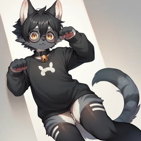 Furry lobo, black fur, pointy wolf ears, black ears, Eyes red, detailed artwork, black fur, skin detailed, cute fur, black short hair, black belly, Black hair on thighs and belly, shiny hair, Round glasses without lenses, Black glasses, Black sweater with ...