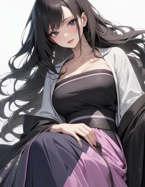 Mature big sister，Black long hair，Black tube top，Hanfu，Beautiful black eyes，Extremely detailed，high resolution，Simple background