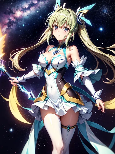 Highest quality,Highest Resolution,A beautiful metallic girl like Tsubasa Kazanari from Symphogear,Earth Behind,universe,Milky Way,