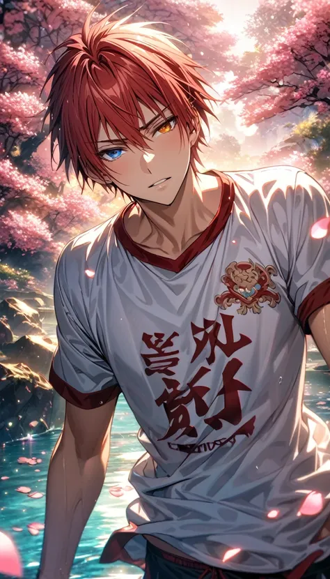 Ultra detailed, highres, absurdres, HDR, master piece, Akashi Seijurou, red hair, short bangs, short hair, Heterochromia, expressive right eye is red, left eye is orange, Kuroko No Basket, fantasy, pink petals, water, pink flowers, handsome, sexy man, solo...