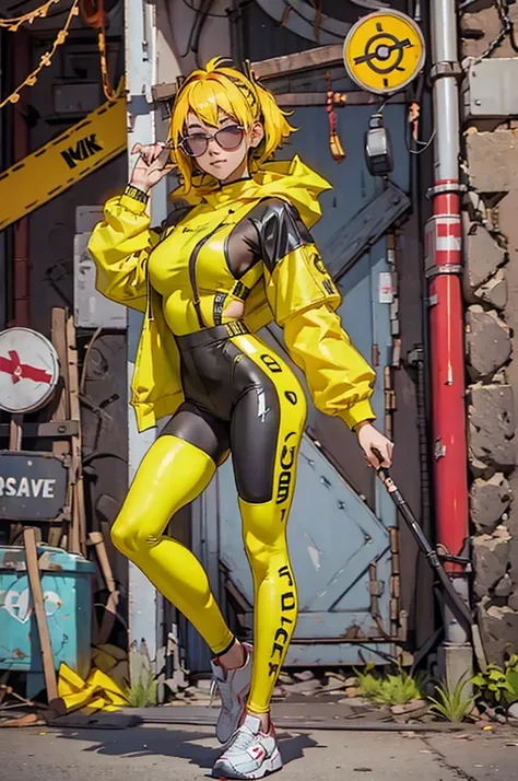 yellow work jumpsuit、a woman wearing a costume with glowing yellow lines, cyber punk, hard rock metal, mosh pit, (highest qualit...