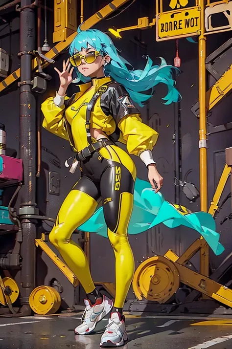 Yellow work jumpsuit、A woman wearing a costume with glowing yellow lines, cyber punk, Hard Rock Metal, Mosh Pit, (Highest quality,4K,8K,High resolution,masterpiece:1.2),Live Stage、Costume with glowing yellow lines、Large sunglasses,Punkish hairstyle、Full bo...