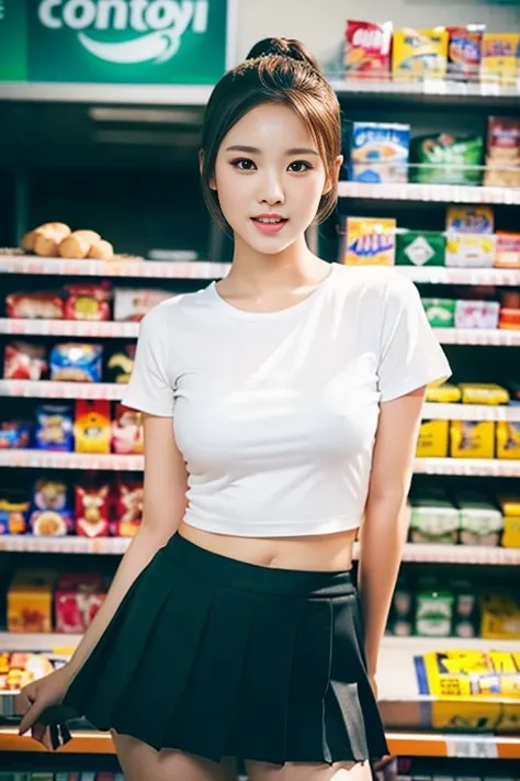 (a gorgeous lady, age 22, white T-shirt, pleated mini-skirt, standing in convenience store, shy expression, dimples, cute snaggle-tooth, short hair ponytail, photorealistic, beautiful detailed face, beautiful detailed eyes, ample round bosom, hyper-realism...