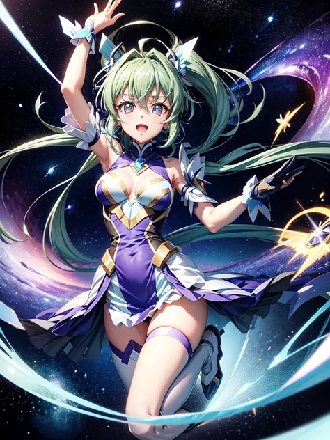 Highest quality,Highest Resolution,A beautiful metallic girl like Tsubasa Kazanari from Symphogear,Earth Behind,universe,Milky Way,