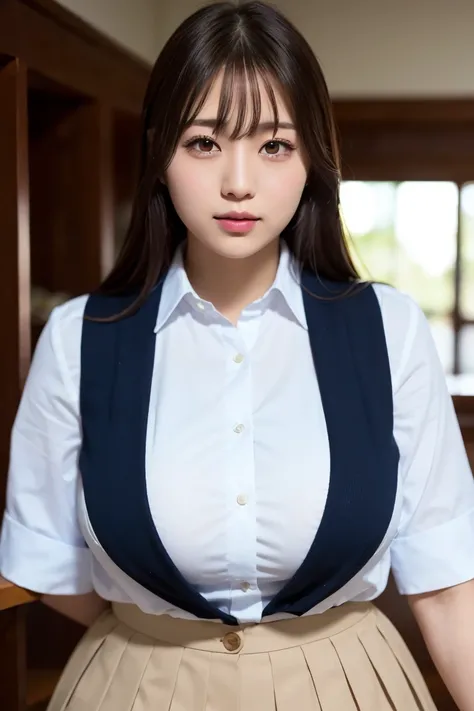 (Best quality,masterpiece,ultra detailed,8K,RAW photo,realistic,high resolution:1.2),(Pretty Japanese girl),(Super huge tits:1.4),(light brown hair),(school uniform,white collared shirt,pleated skirt:1.4),(voluptuous:1.4),(shoulder length),(light smile),(c...