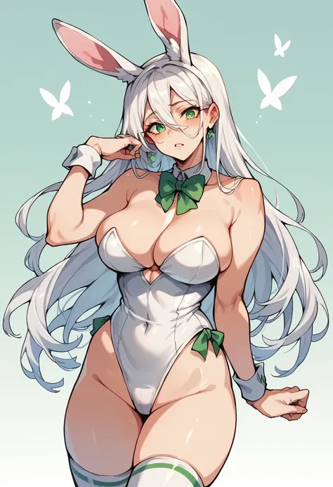 A girl with very white blond hair and green eyes, in a tight white bunny outfit