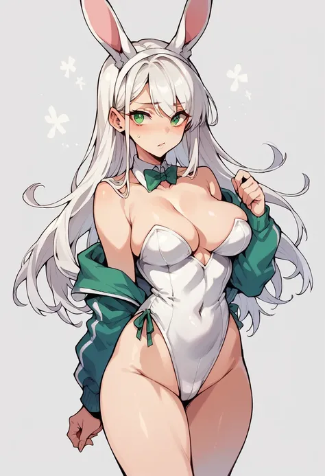 A girl with very white blond hair and green eyes, in a tight white bunny outfit