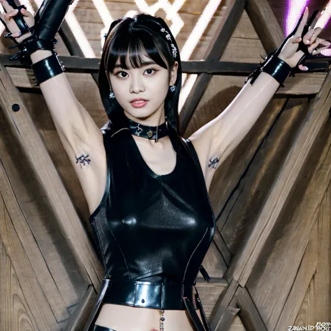 Highest quality，masterpiece，Very detailed, 8K，Beautiful 27 year old Japanese woman:1.5, Small face, blunt bangs, Crucifixion, (Detailed black K-pop idol outfit:1.5),　Breast Augmentation Surgery, Very detailedな臭い脇の下、　Live Stage、　height:164cm、　brainwashing