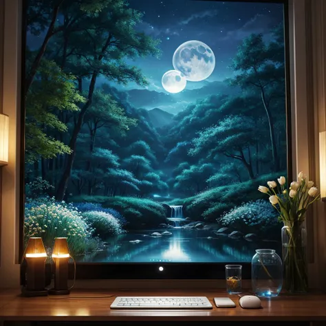 A tranquil scene unfolds in a magical lab setting: a laptop with a glowing screen rests on a desk by a large window, showcasing a serene moonlit landscape. Blue neons softly illuminate white flowers next to a tablet and PC monitor. A vocal microphone and h...