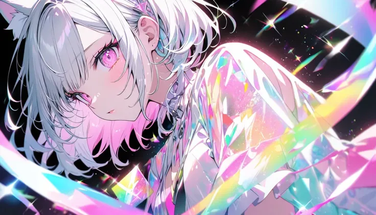 A high-quality hologram card, pretty girl,Cat ear, Beautiful silver hair,Pink inside,Beautiful pink eyes,with glitter, and a black background around the card, clear coloring, and colorful