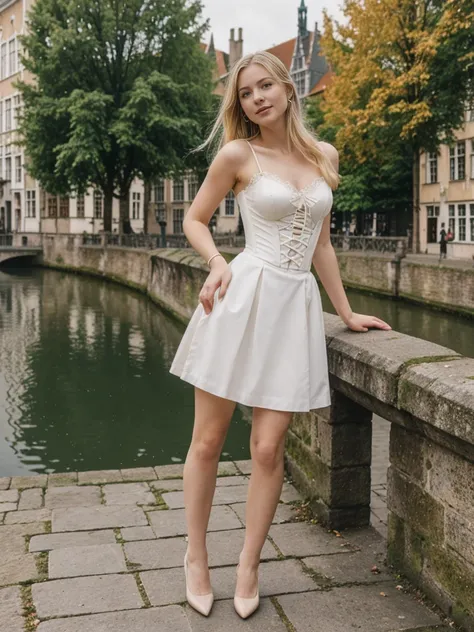 her name is Marie, high quality, 1girl, ((20-year-old fit Caucasian woman)), ((20 years old)), ((fit)), ((pale skin tone)), medium length straight blonde hair , wearing Lace-Up Corset Top + High-Waisted Pleated Skirt, pose: standing, background: Detail the...