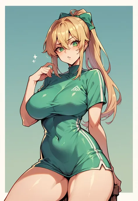 A girl with blond hair and green eyes, a ponytail, and a completely white, very tight clothing that highlights her large thighs.