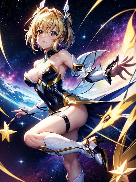 Highest quality,Highest Resolution,A beautiful girl in a metallic high-leg outfit, like Tsubasa Kazanari from Symphogear,Earth Behind,universe,Milky Way,