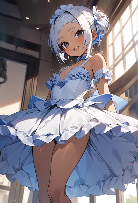 (anime style),masterpiece, best quality, extremely detailed,10Year old,tanned skin,dark skin, Beautiful body,BREAK,multicolored colorful hair,short hair,hair slicked back,BREAK,black eyes,happy smile,open mouth,eyes widen,happiness
smile face,detailed lips...