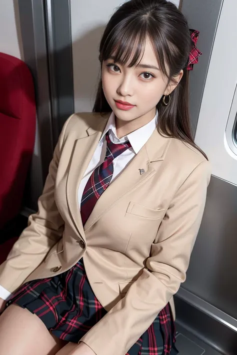 Inside the train、(Ejaculation-only vehicle)、(8K), (Highest quality: 1.2), (Realistic), (Realistic: 1.37), Ultra-high resolution, 1 Girl, cute, smile, Mouth closed, Beautiful details, Beautiful Nose, Wet Hair, Giant Dulcefo, pork,University uniform,A simple...