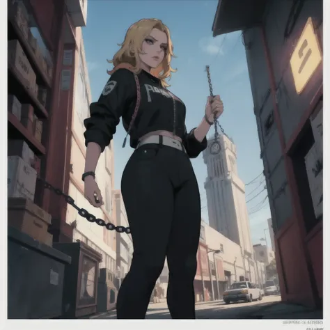 GTAV Loading Screen 2D Graphics, wide angle, whole body, blonde girl standing , holding an ametry and a pitbull on a leash chain, GTA5 character, cinematographic composition, in front of a city, shadow, bright cinematic lighting, soft contrast, GTA5 loadin...