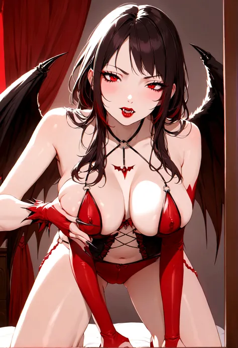 A cute woman is a succubus, (she has leathery black wings, deep red lipstick, vampire fangs, deep dark eyes, razor fingernails painted red) seductive evil pose in the bedroom
