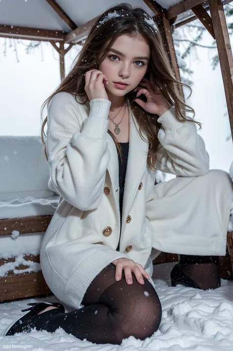 Masterpiece, Best Quality, 12 year old Russian girl, Jung, Hands in esposas (EsposaEsposaRubia , wavy, Medium length hair without styling.., Snow on wet hair , Short dress with long sleeves.., Bracelet on left wrist, necklace around the neck, Black openwor...