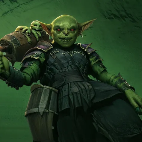 a small male goblin (1.40m), green skin, bald, frowning, scar on the face, purple left iris, black right eye iris, with a staff in his hand (necromancy). (scenery)forest a carriage with barrels, surrounded by undead, full body image, cinematic lighting, 8k...