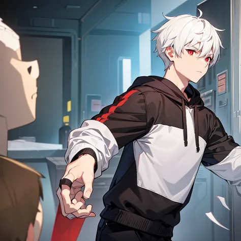 A young man with short white hair, red eyes, masculine face. Wearing a black hoodie with gray details. He is standing, looking to the side. On a center of a city. Dungeons and Dragons art direction, studio ghibli Style