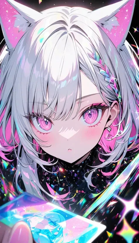 a high-quality hologram card, pretty girl,cat ear, beautiful silver hair,pink inside,beautiful pink eyes,with glitter, and a bla...