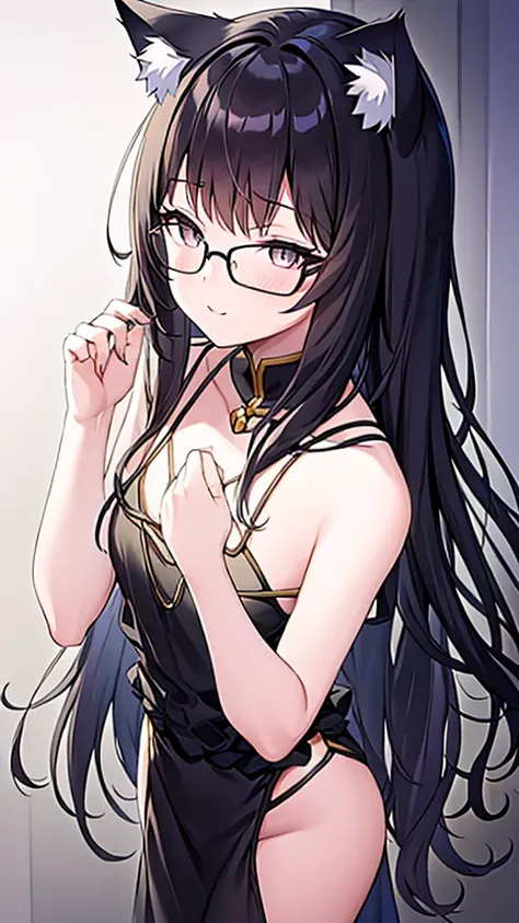 A 20-year-old cat girl with long black hair, gray eyes, cat ears and a cat tail, wears glasses, black  long dresses sexy, sleeveless, standing, looking down