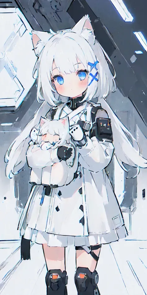 (One girl, alone:1.4),

 Nice hands, Perfect hands, Cat ear,
 Serverpunk Art,

White clothes, baby doll, White straitjacket， Armor Light， Cybernetic Headdress，