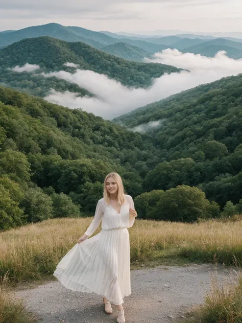 her name is Marie, high quality, 1girl, ((20-year-old fit Caucasian woman)), ((20 years old)), ((fit)), ((pale skin tone)), medium length straight blonde hair , wearing sheer puff-sleeve blouse with pleated culottes, pose: standing, background: Capture the...