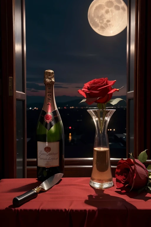 1 red rose 1 bottle of champagne A full moon with a mysterious air in the background. And 1 antique knife dagger 