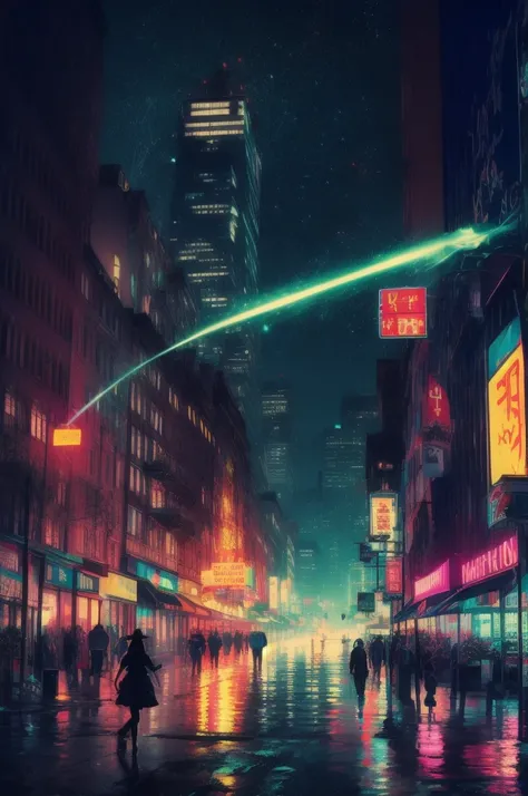 A scene from a movie, Woman dressed as a Green Lantern in DC, Very detailed, Futuristic cityscape, at night, Shining neon lights, cigarette, spark, Metal shavings, flying debris, blue energy effects, Volumetric Light