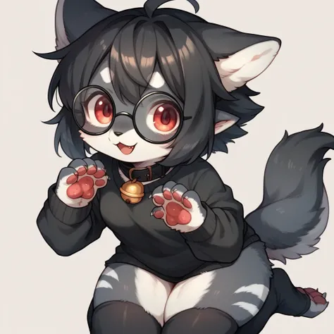 Furry lobo, black fur, pointy wolf ears, black ears, strawberry red eyes, god of eyes, detailed artwork, black fur, skin detailed, cute fur, black short hair, black belly, Black hair on thighs and belly, shiny hair, Round glasses without lenses, Black glas...