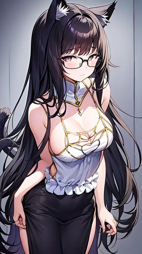 A 20-year-old cat girl with long black hair, gray eyes, cat ears and a cat tail, wears glasses, black  long dresses sexy, sleeveless, standing, looking down