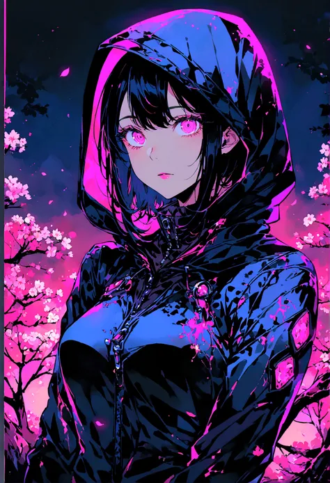 Neon, ( Portrait of a girl dressed in a dark black ninja suit with a hood.), Leather suit, suit that emanates bright PINK light, bright PINK eyes, very detailed eyes, by white, perfect anatomy, Japanese cherry trees in the background, The trees have lumino...