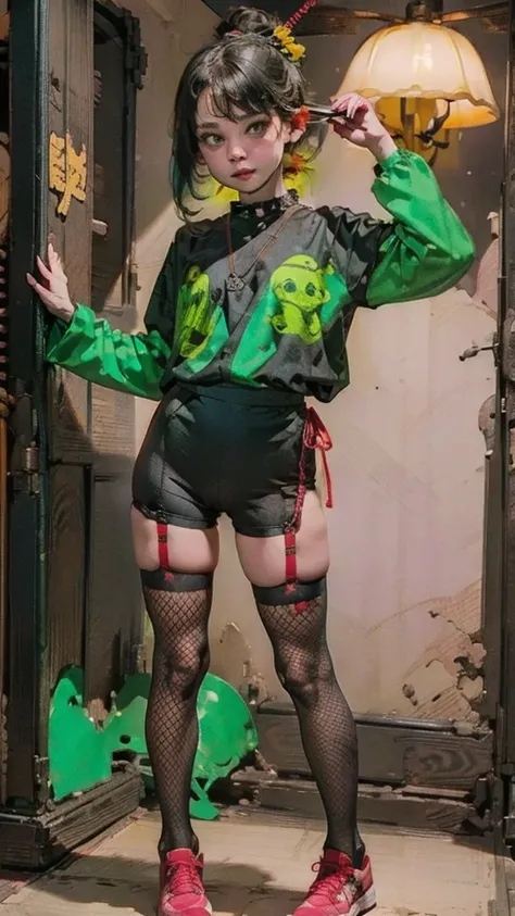 Black workwear jumpsuit、Costume with glowing yellow-green linesを着た女性, cyber punk, Hard Rock Metal, Mosh Pit, (Highest quality,4K,8K,High resolution,masterpiece:1.2),Live Stage、Costume with glowing yellow-green lines、Large sunglasses,Punkish hairstyle、Full ...