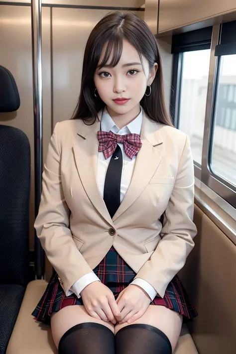 Inside the train、(Ejaculation-only vehicle)、(8K), (Highest quality: 1.2), (Realistic), (Realistic: 1.37), Ultra-high resolution, 1 Girl, cute, smile, Mouth closed, Beautiful details, Beautiful Nose, Wet Hair, Giant Dulcefo, pork,University uniform,A simple...