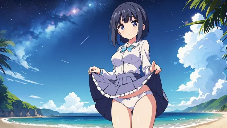 A nice white shirt that lets you see. 、Light blue flared skirt with ruffles、She lifts her skirt with both hands to show off her pretty white underwear.、Cute white underwear visible when you lift your skirt.、sandy beach, beautiful sea, night and starry sky ...