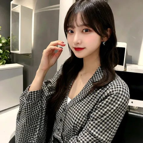 Long, straight black hair
Bangs, straight and natural
Oval-shaped face, well-balanced contour
Large, round dark-colored eyes
Small, well-shaped nose
Small mouth, naturally full lips, warm smile
Thin, neatly shaped eyebrows
Clean and approachable aura
Check...